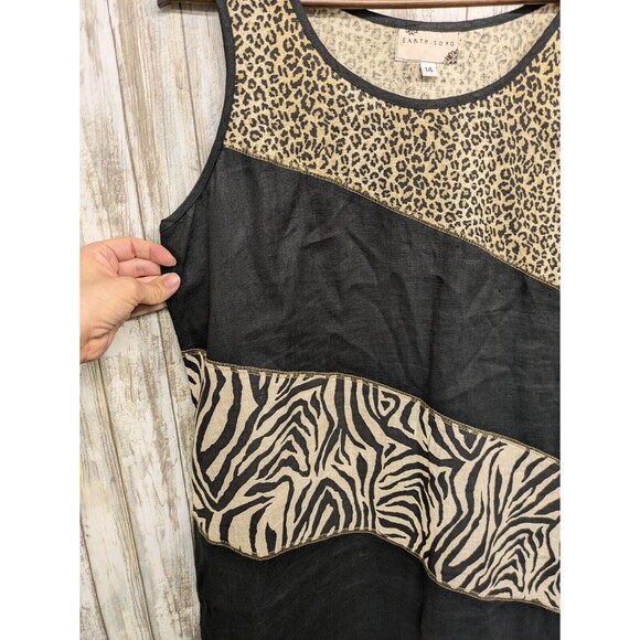 Vintage Earth Song Linen Patch Jumper Maxi Tank Dress Animal Print Size 14 - Picture 3 of 9